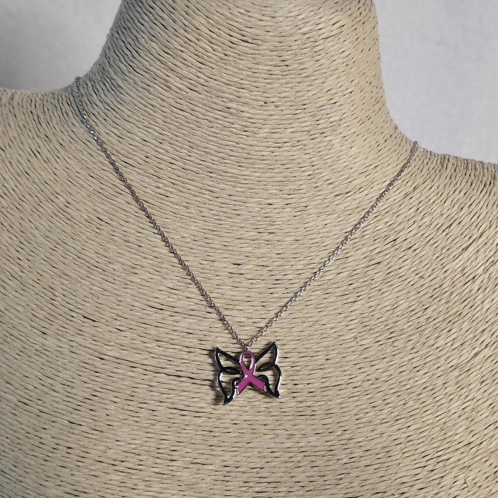 Pink Ribbon Butterfly Pendant Short Chain Necklace